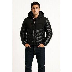 Tommy Hilfiger New Ultra Loft Puffer Jacket Size M Glossy Black Mixed Media